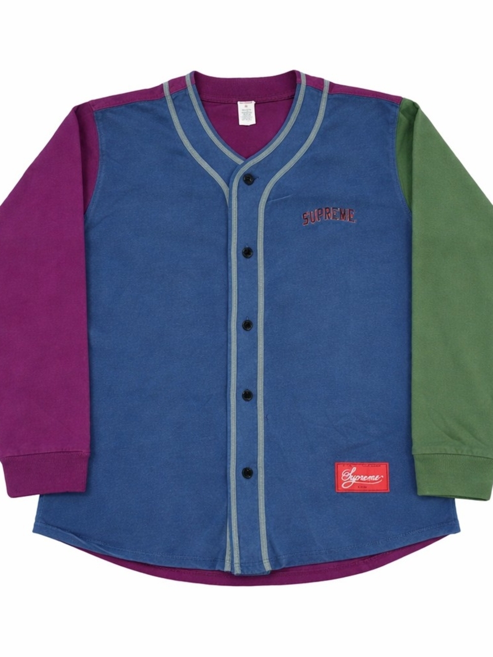 Supreme Colorblocked Button-Front Baseball Shirt in Blue, Grape & Green size M